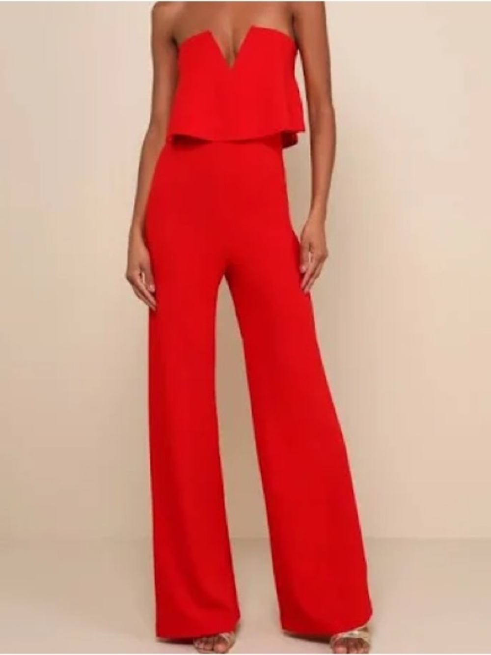 Lulu's Strapless Flounce Wide-Leg Jumpsuit in Red